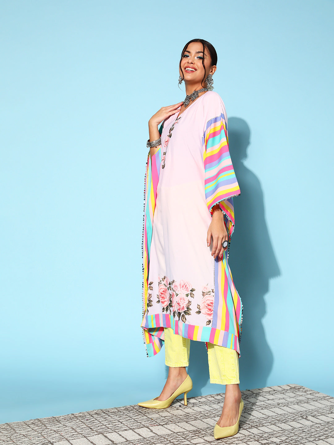 Pink Crepe Vacation Stripes Kaftan Kurta