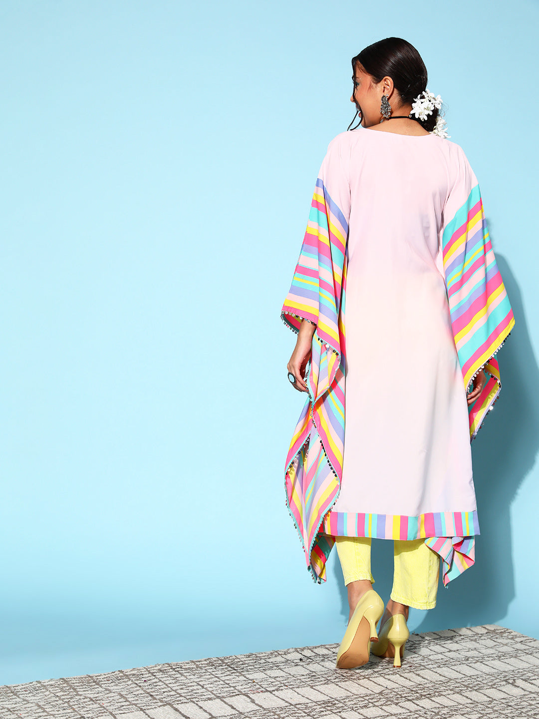 Pink Crepe Vacation Stripes Kaftan Kurta