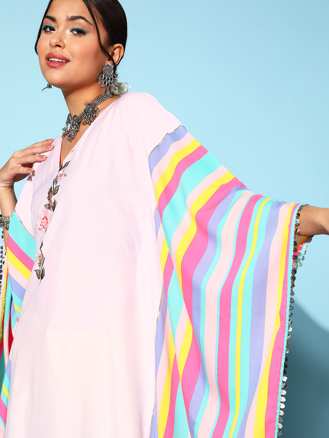 Pink Crepe Vacation Stripes Kaftan Kurta