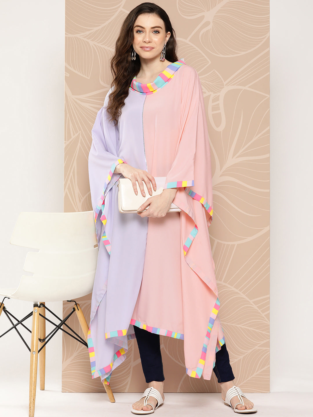 Lavender & Peach Colourblocked Kaftan Kurta