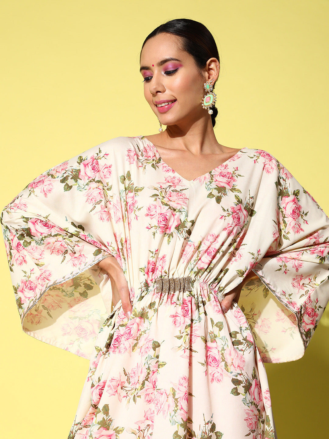 Ahalyaa Women Floral Printed Flared Sleeves Gotta Patti Floral Crepe Kaftan Kurta