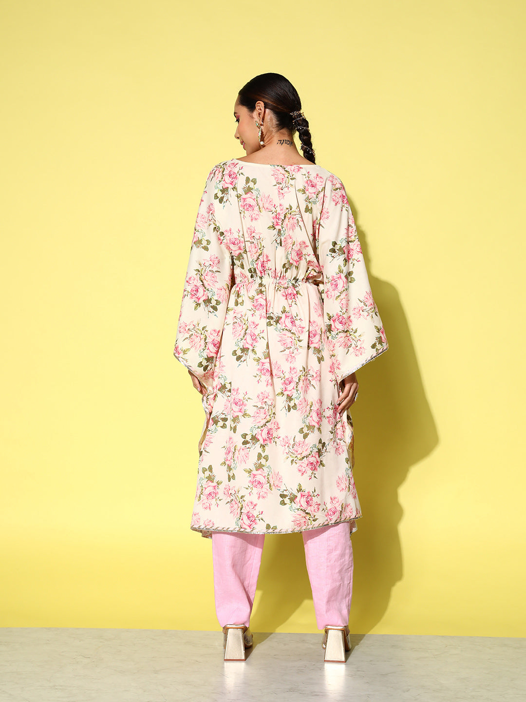 Ahalyaa Women Floral Printed Flared Sleeves Gotta Patti Floral Crepe Kaftan Kurta