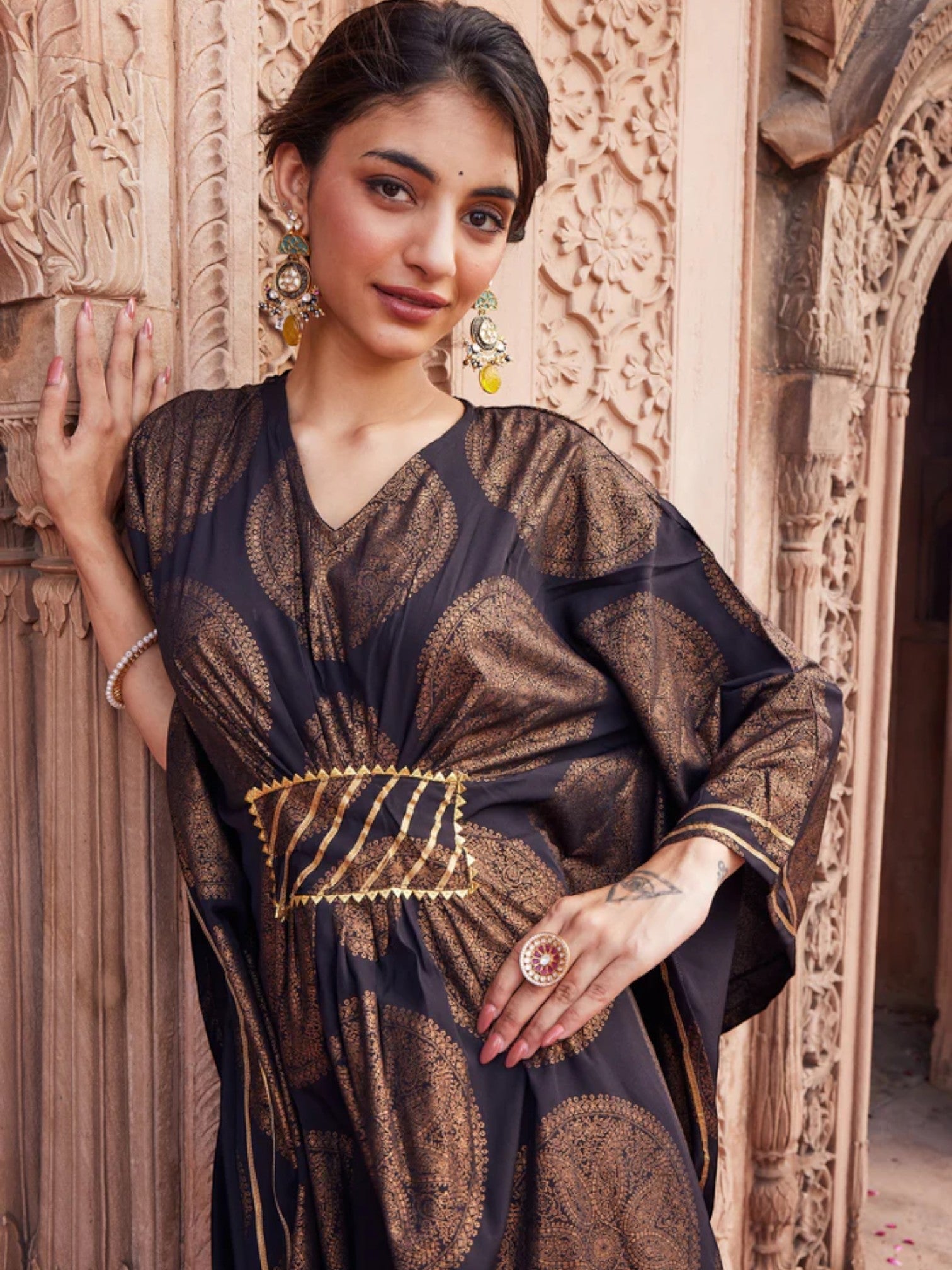 Black & Copper Printed Flared Sleeve Kaftan Kurta