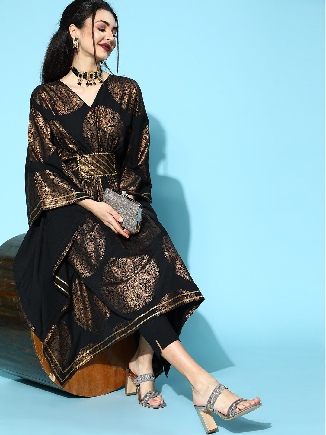 Black & Copper Printed Flared Sleeve Kaftan Kurta