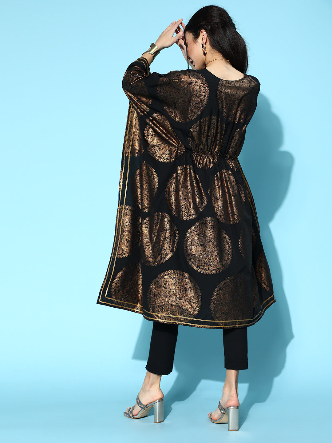 Black & Copper Printed Flared Sleeve Kaftan Kurta