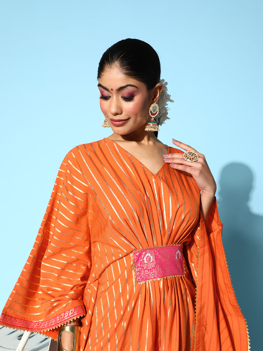 Orange & Gold-Toned Striped Gotta Patti Kaftan Kurta