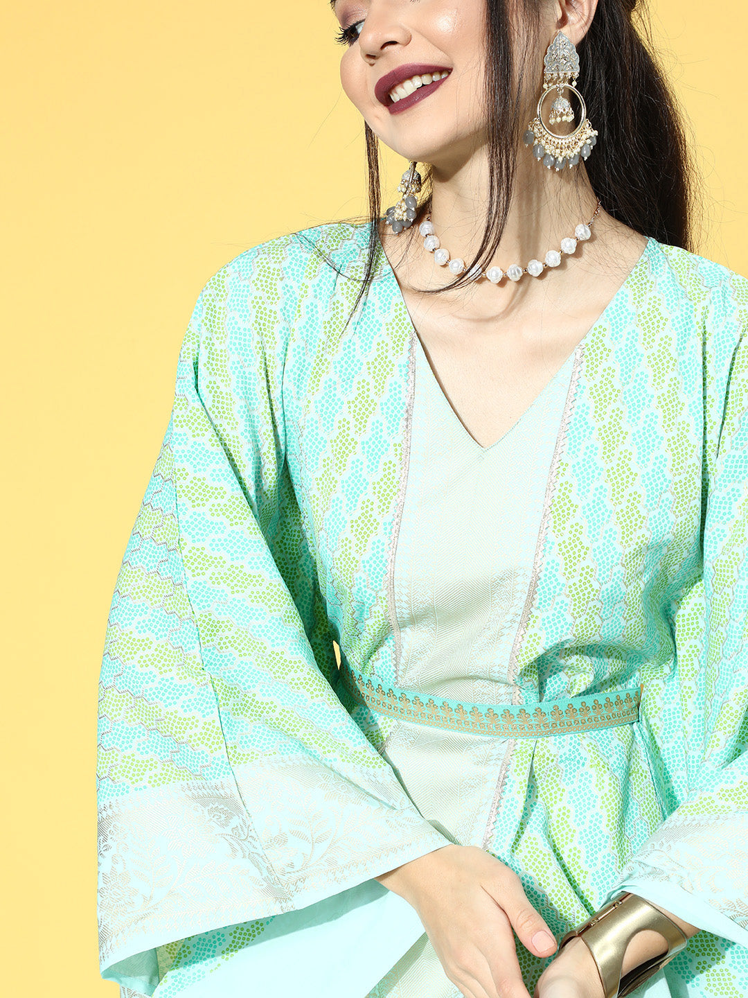 Sea Green Printed Kaftan Kurta