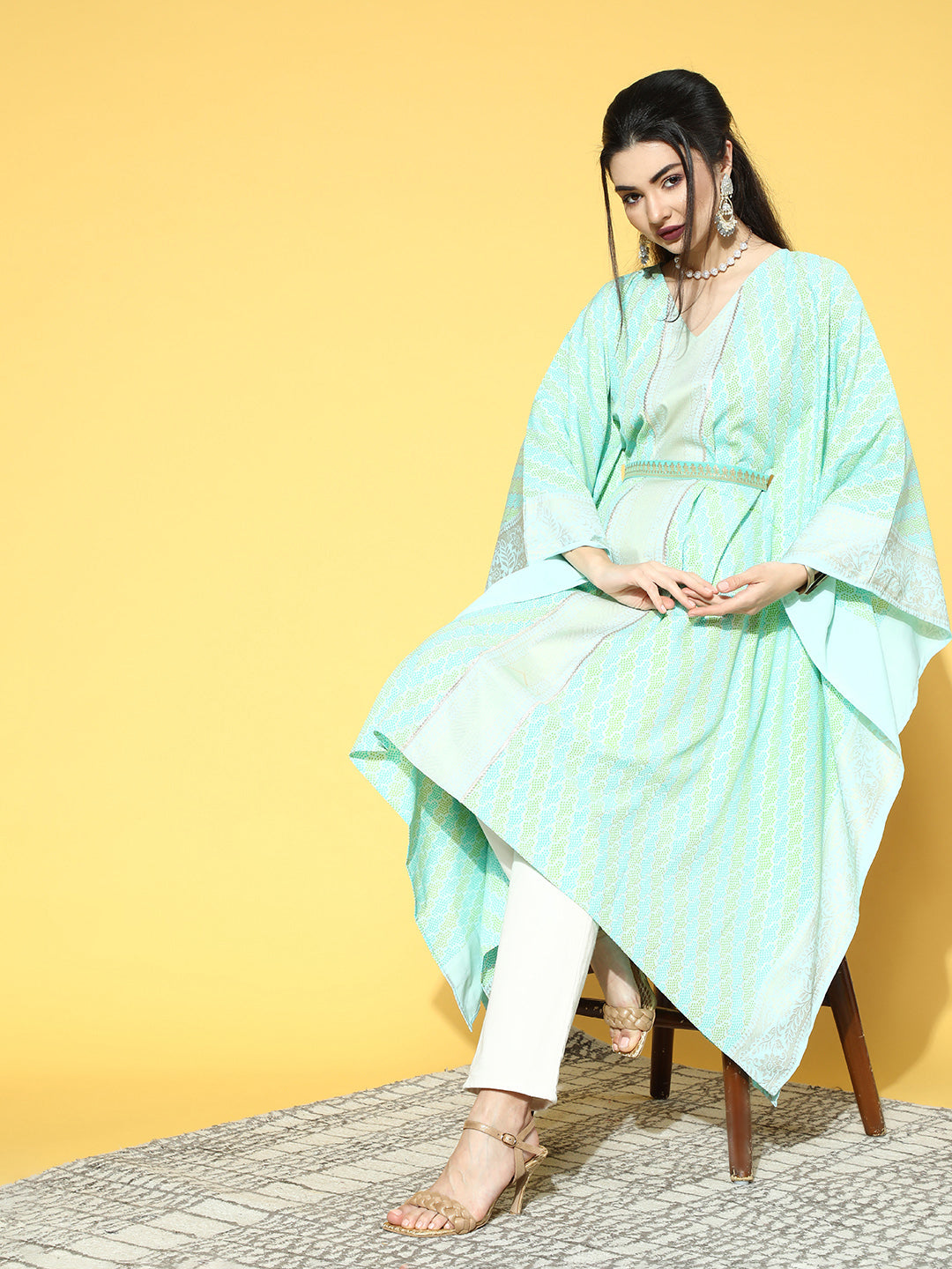 Sea Green Printed Kaftan Kurta