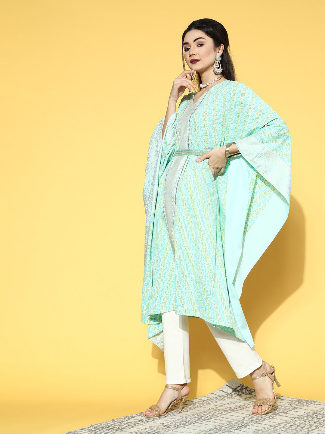 Sea Green Printed Kaftan Kurta