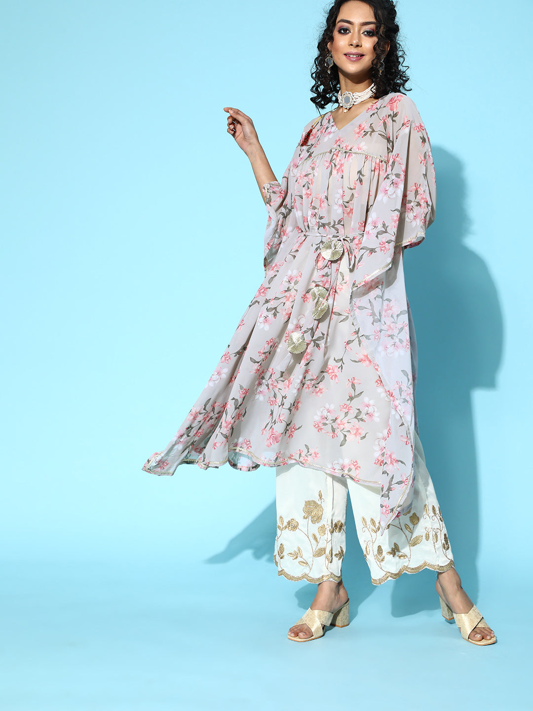 Grey Georgette Floral Printed Kaftan Kurta