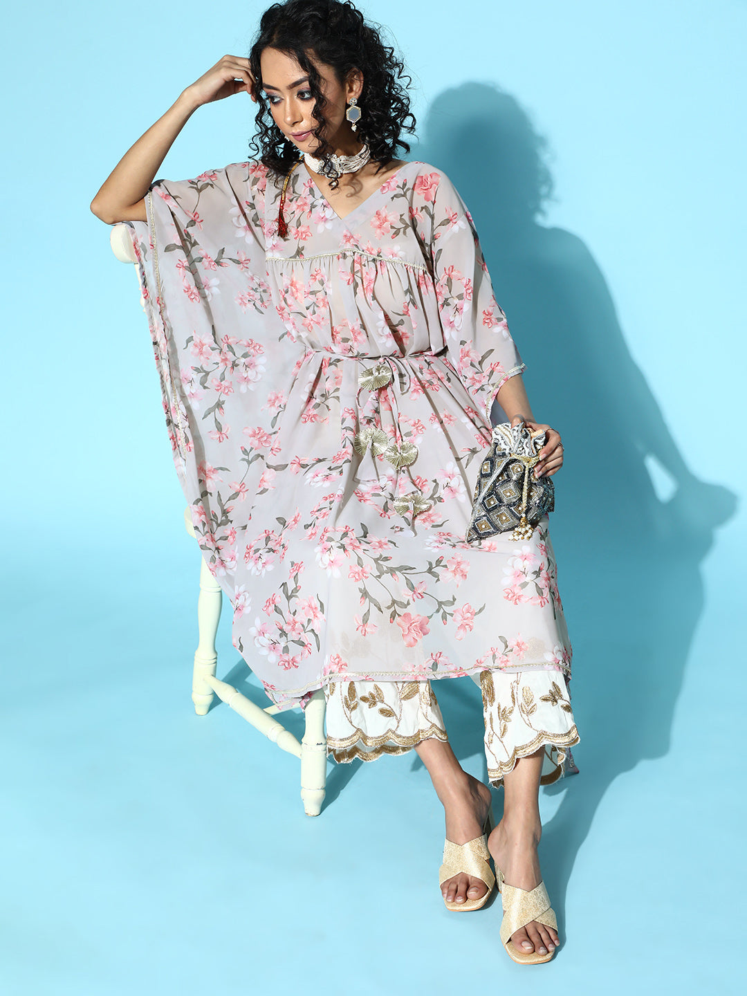 Grey Georgette Floral Printed Kaftan Kurta