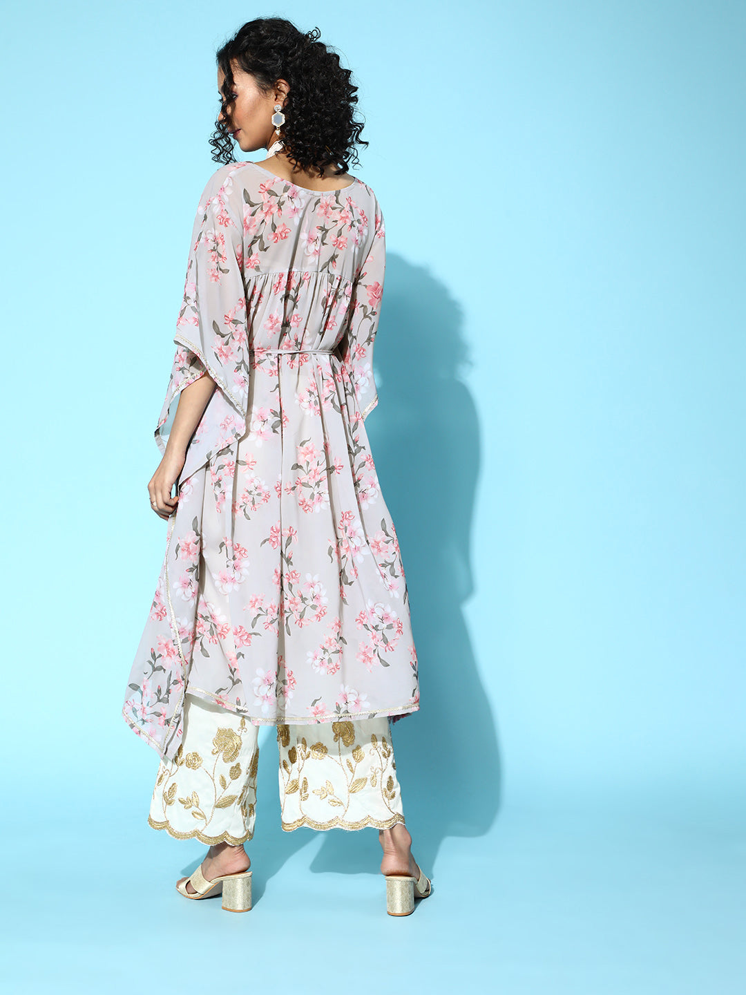 Grey Georgette Floral Printed Kaftan Kurta