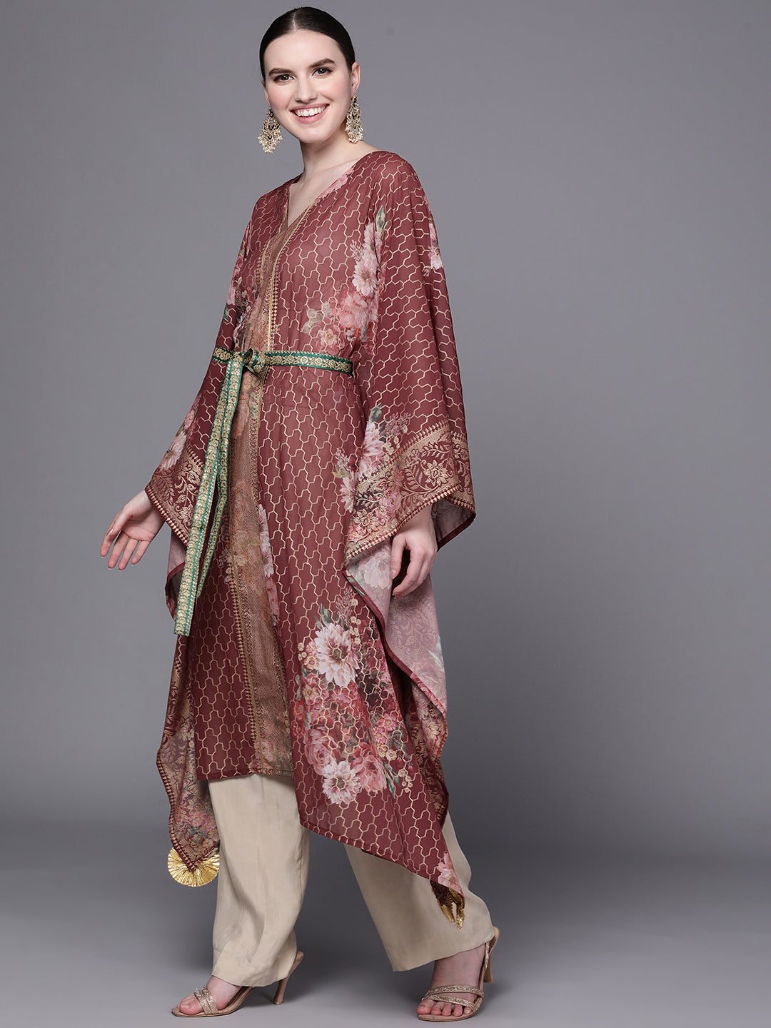 Maroon Floral Printed Kaftan Kurta