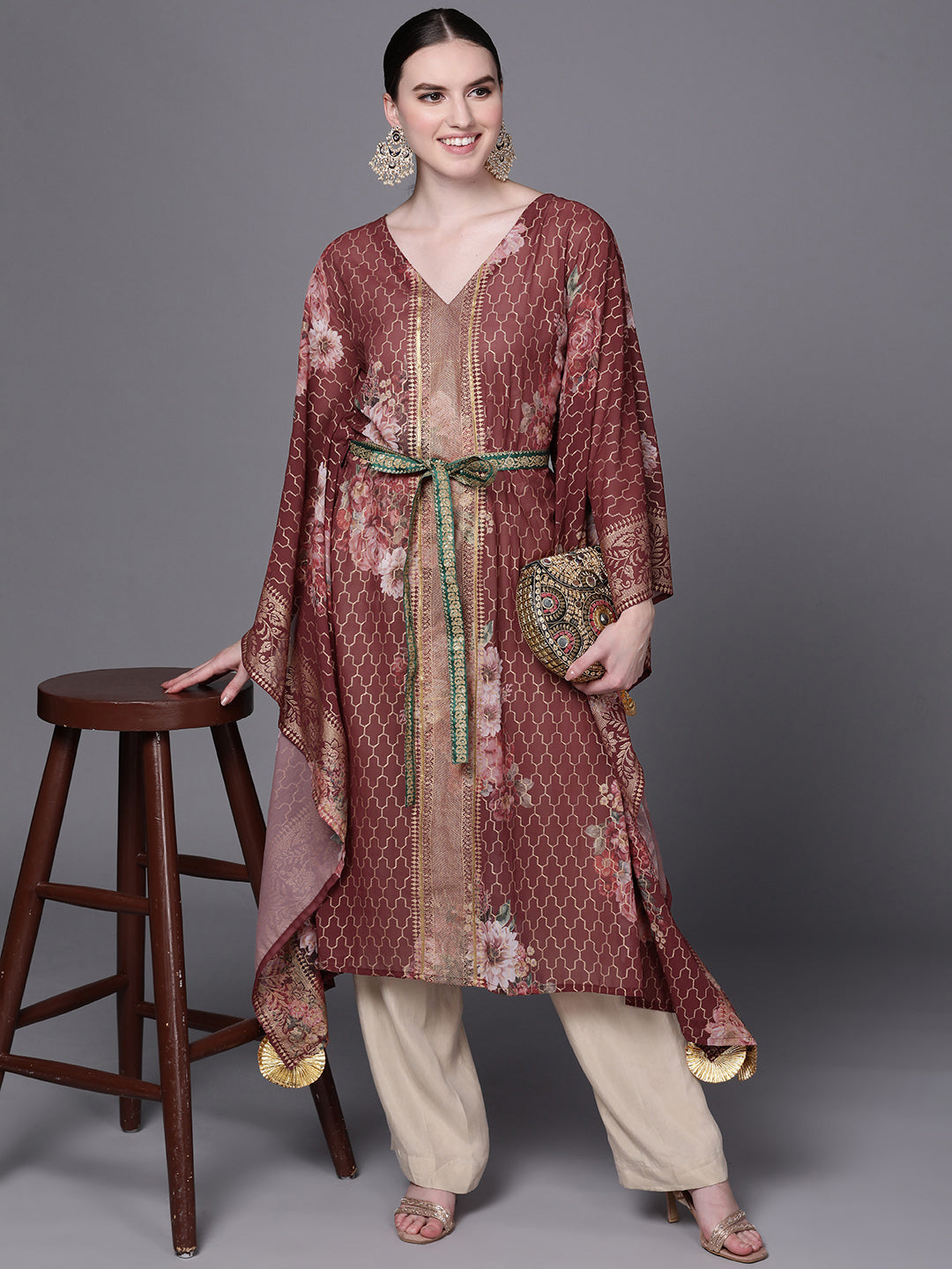 Maroon Floral Printed Kaftan Kurta