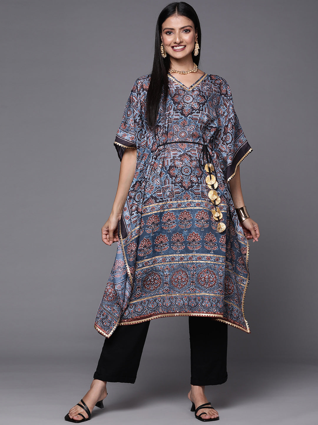 Navy Blue & Maroon Floral Print Kaftan Kurta