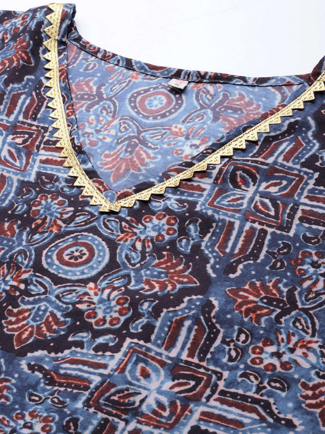 Navy Blue & Maroon Floral Print Kaftan Kurta