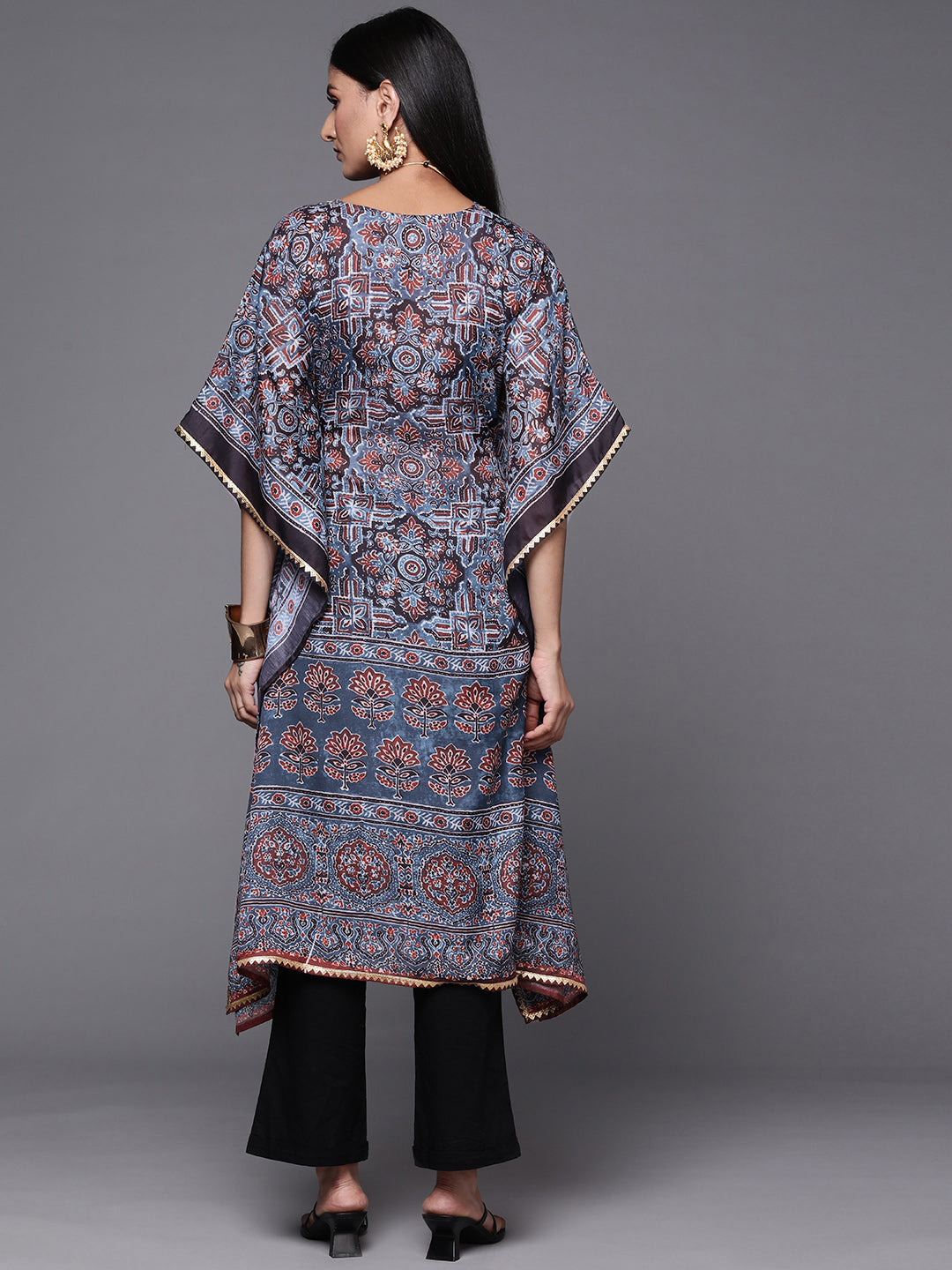 Navy Blue & Maroon Floral Print Kaftan Kurta