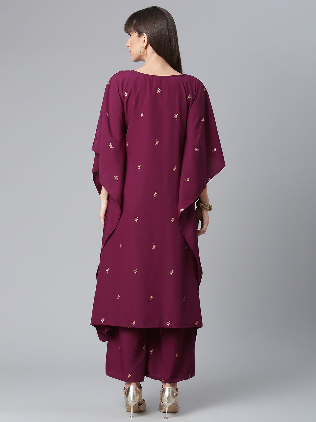 Wine and Gold Glitter Print Kaftan with Palazzo