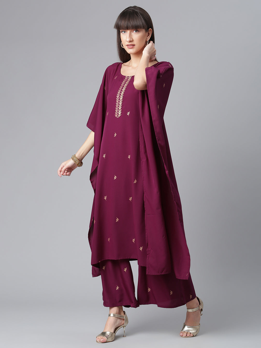 Wine and Gold Glitter Print Kaftan with Palazzo