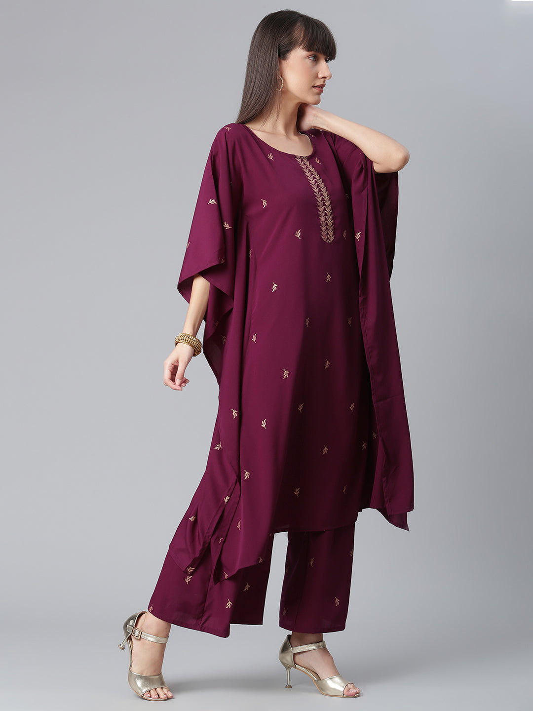 Wine and Gold Glitter Print Kaftan with Palazzo