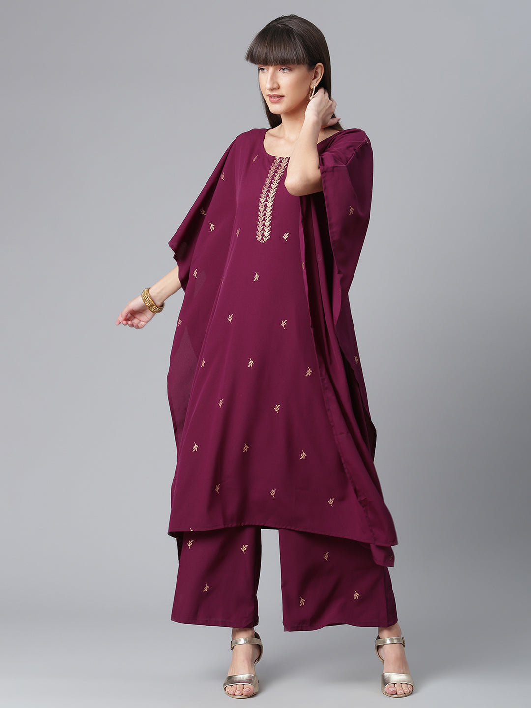 Wine and Gold Glitter Print Kaftan with Palazzo