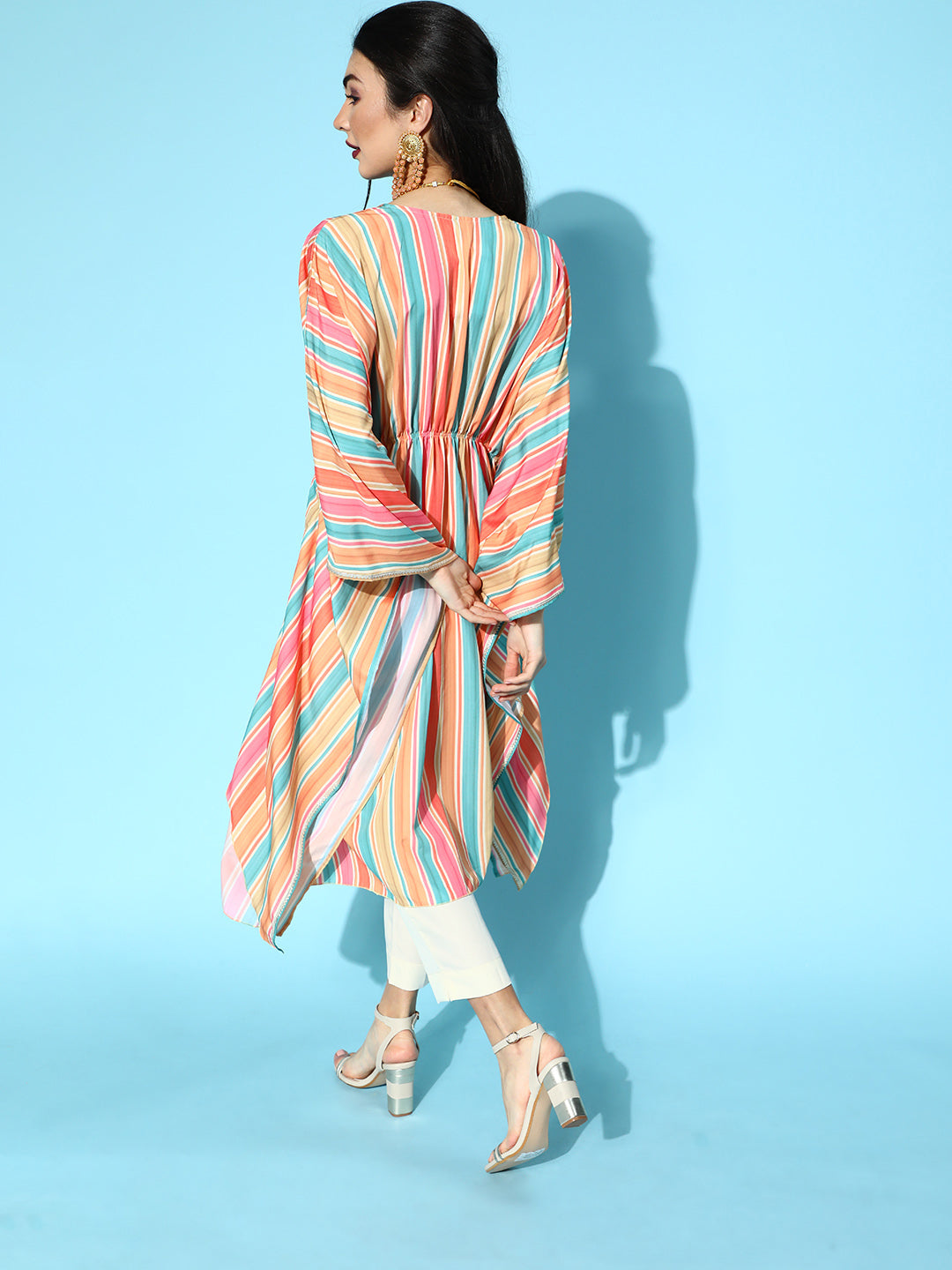 Multi Color Striped Printed Kaftan Kurta With Trousers