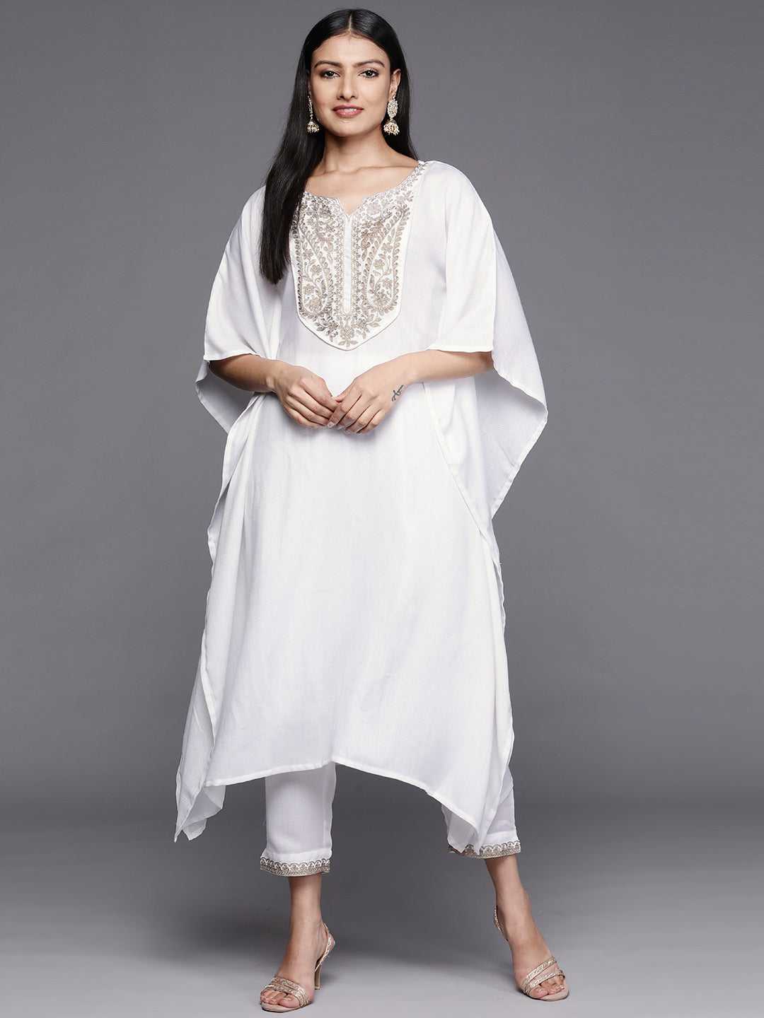 White Yoke Design Aari Work Pashmina Kurta with Trousers