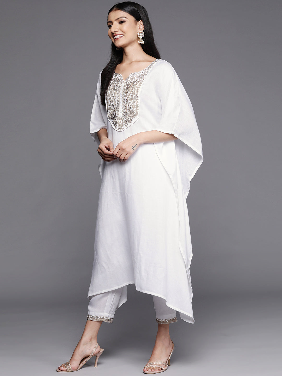 White Yoke Design Aari Work Pashmina Kurta with Trousers