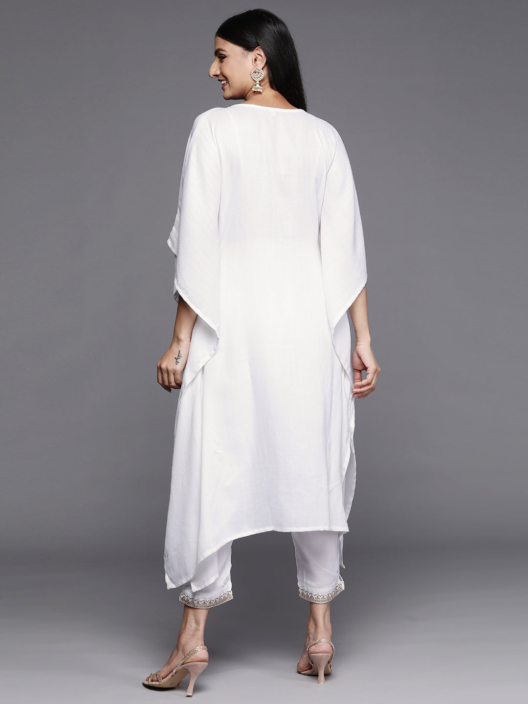 White Yoke Design Aari Work Pashmina Kurta with Trousers