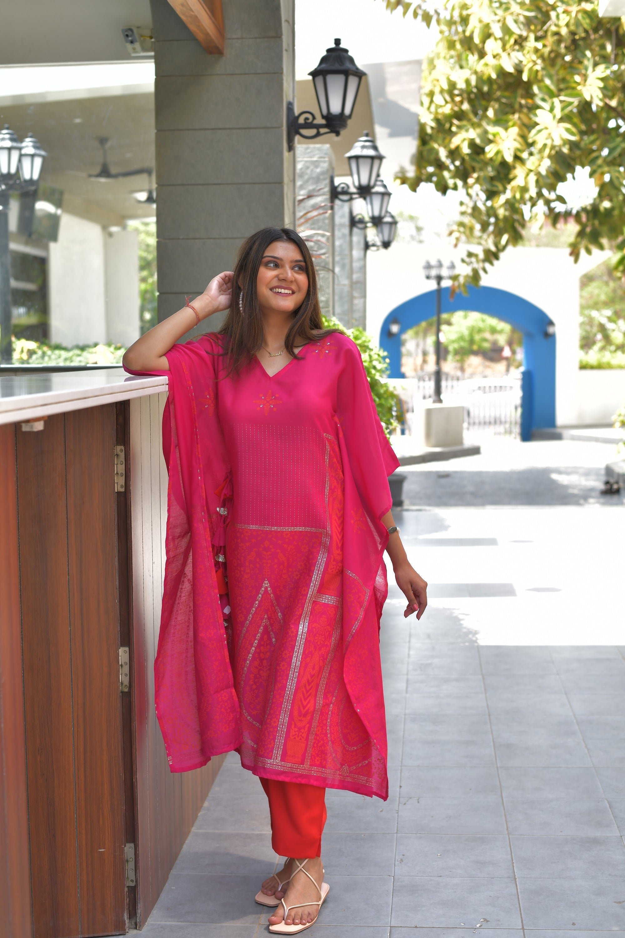 Pink Chanderi Khari Print Kaftan with Trouser