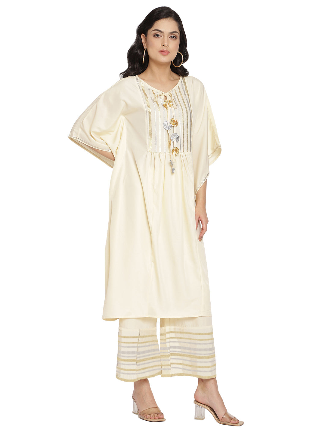 Off White Printed Gotta Patti Kaftan Style Kurta with Palazzos