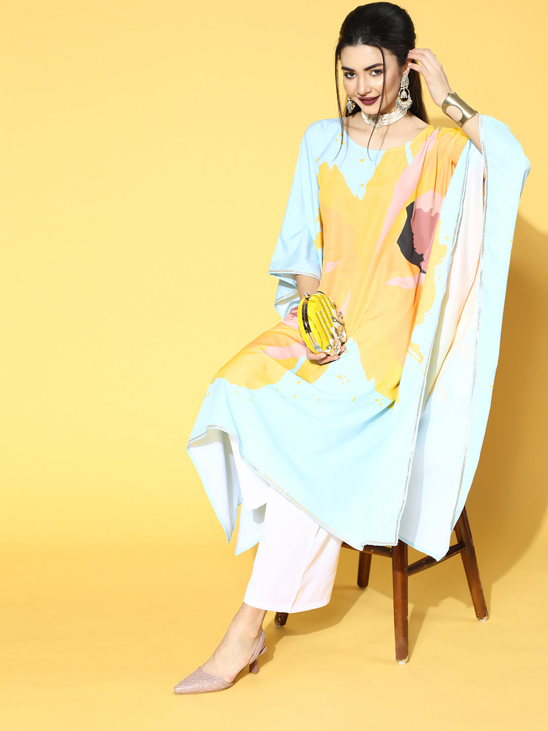 Blue & Yellow Digital Printed Kaftan Kurta with Palazzos