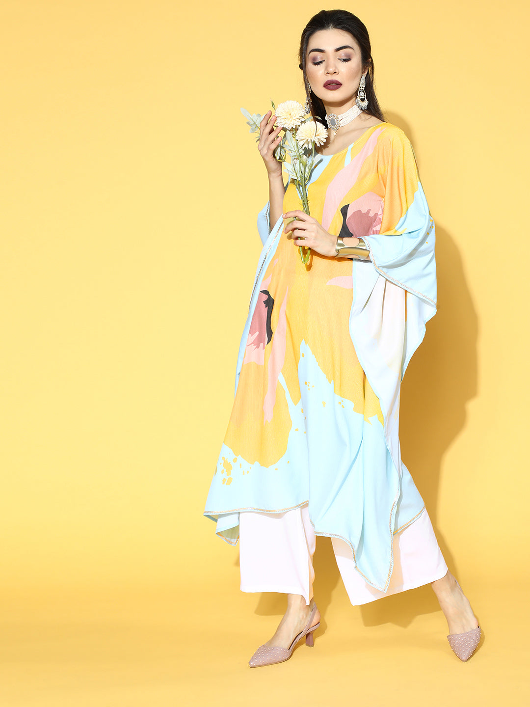 Blue & Yellow Digital Printed Kaftan Kurta with Palazzos