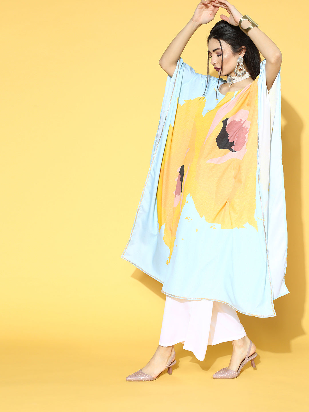 Blue & Yellow Digital Printed Kaftan Kurta with Palazzos