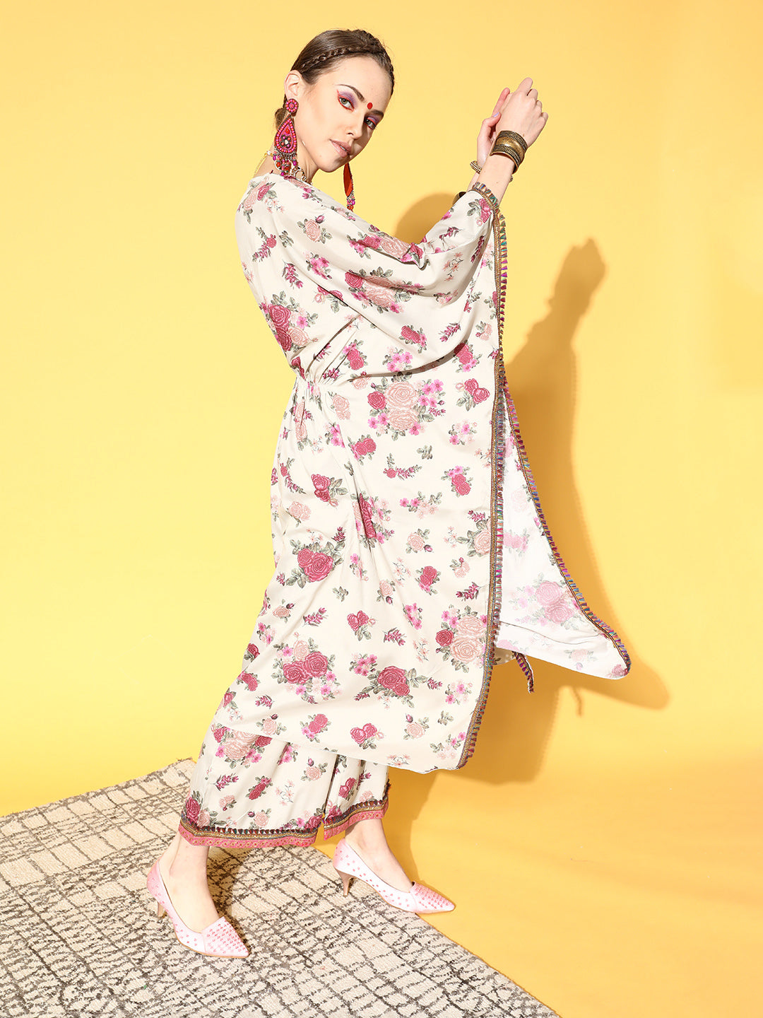 Beige & Pink Floral Printed Pleated Kurta with Palazzos