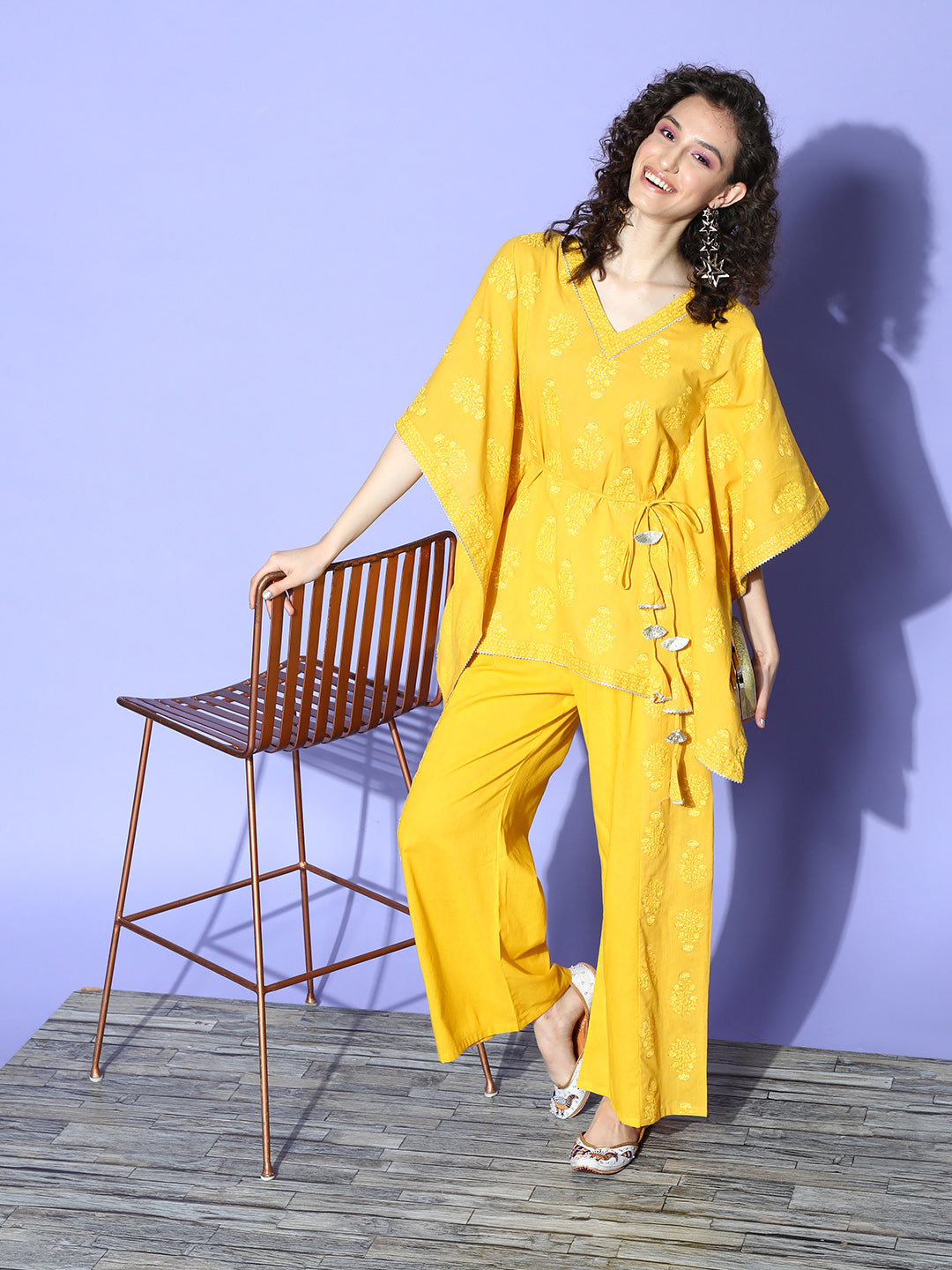 Mustard Yellow Floral Printed Pure Cotton Co-Ords