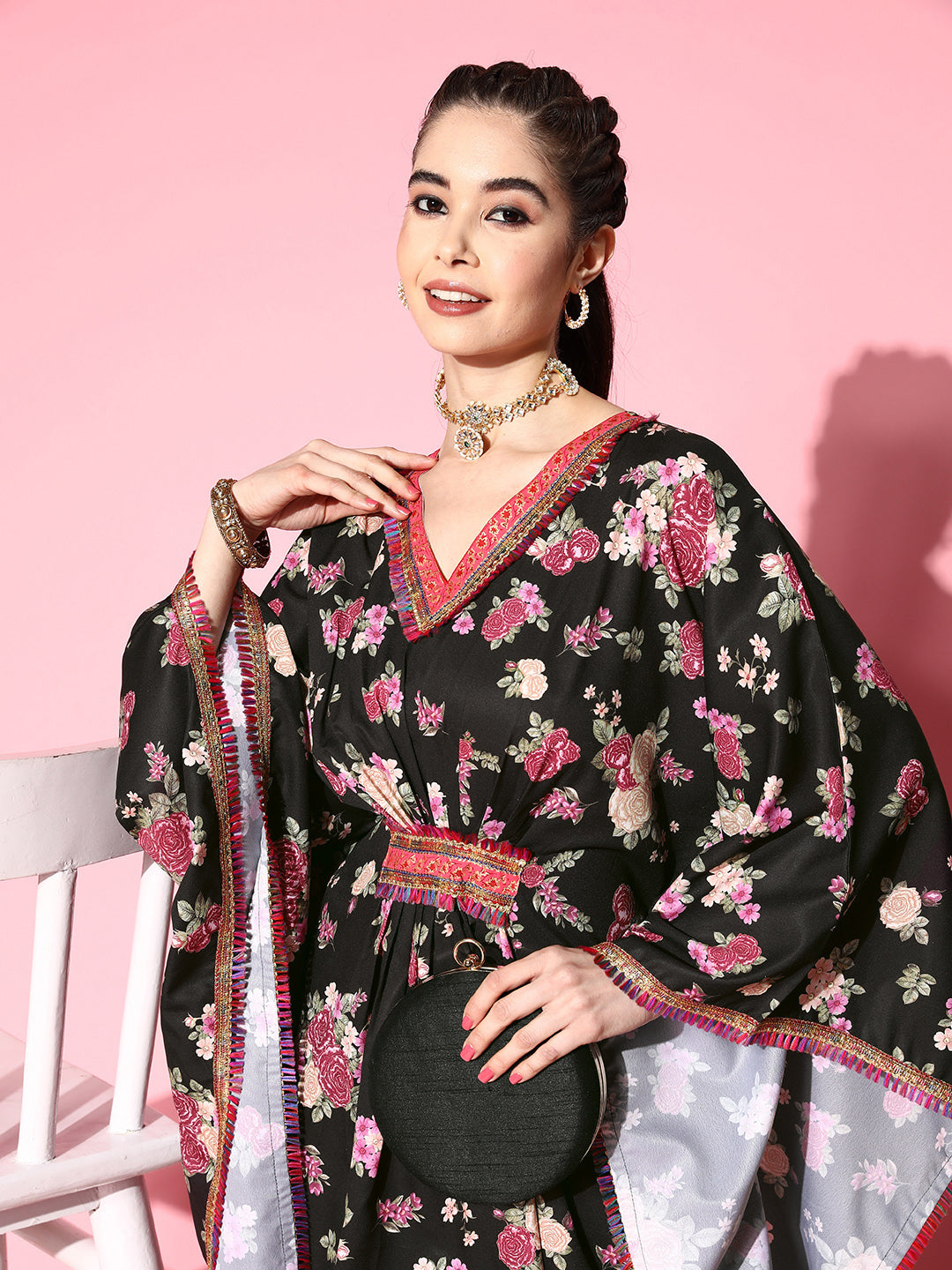 Black Floral Printed Gotta Patti Kurta with Palazzos