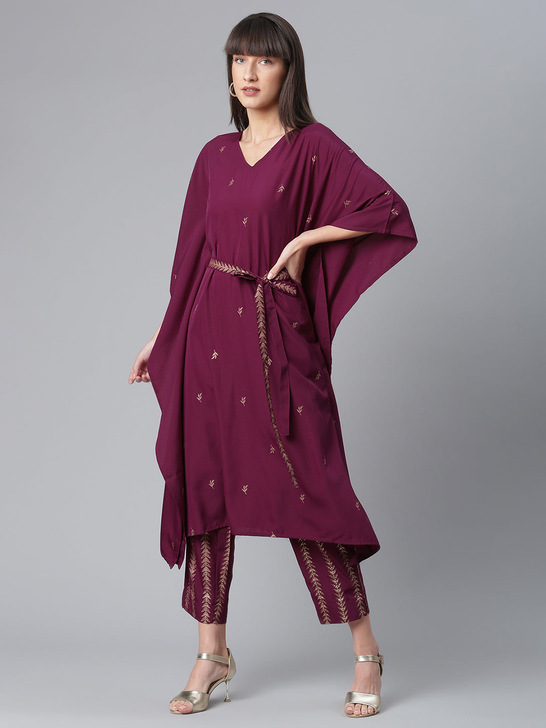 Burgundy & Golden Printed Kurta with Trouser