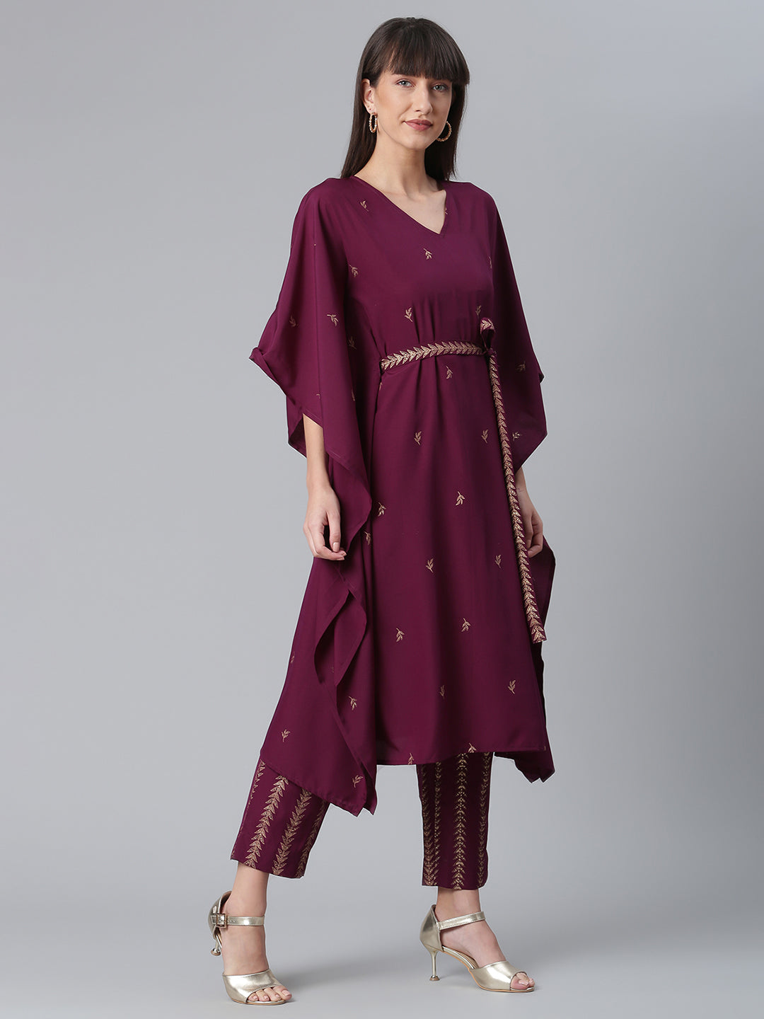 Burgundy & Golden Printed Kurta with Trouser