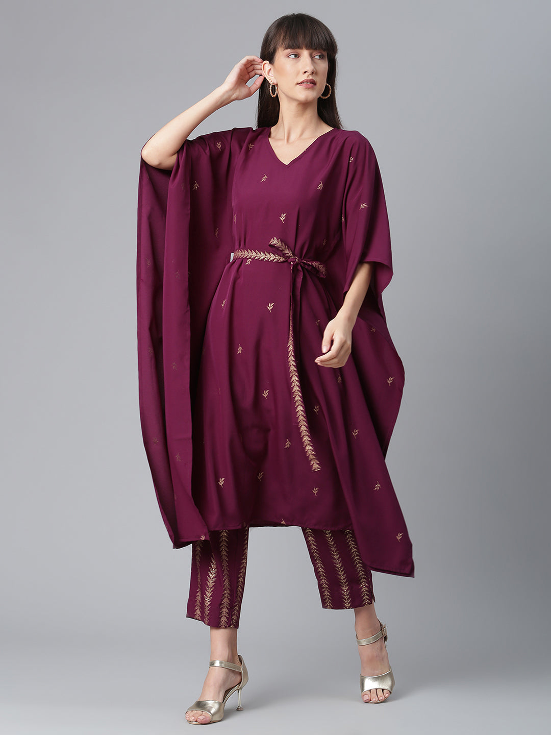 Burgundy & Golden Printed Kurta with Trouser