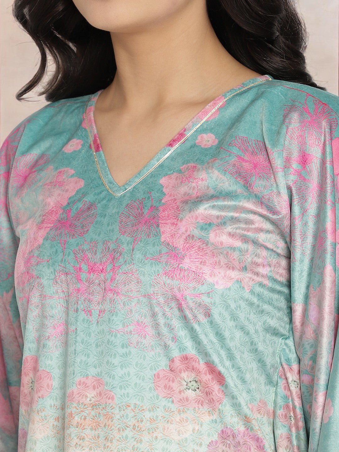 Sea Green Digital Print Velvet Kaftan