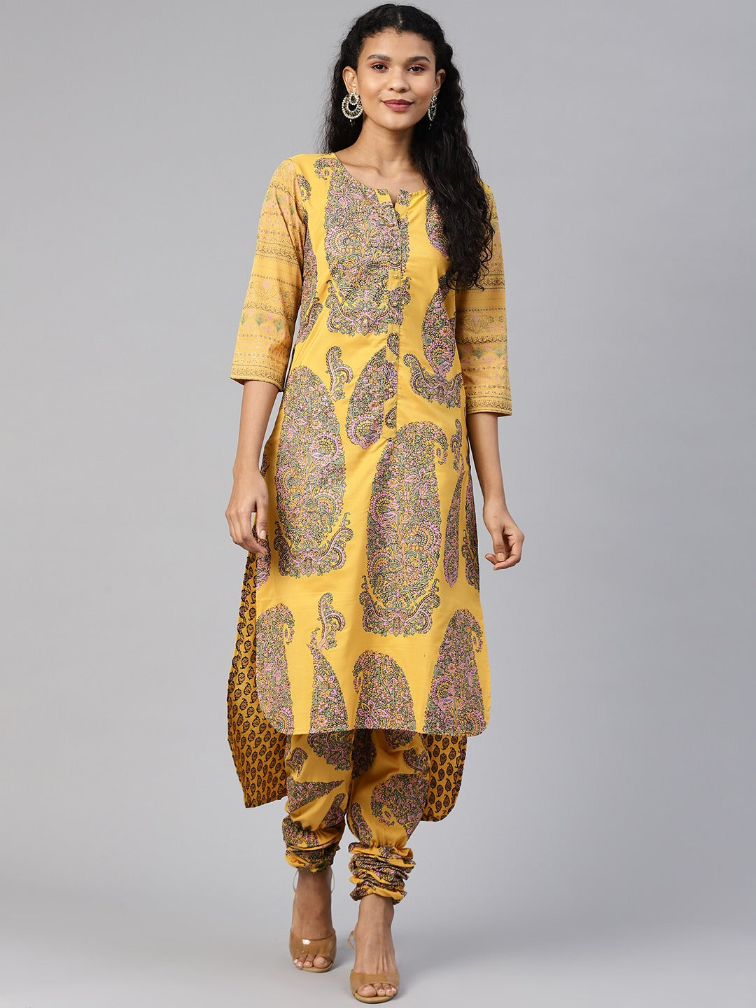 Mustard Yellow & Pink Paisley Print Kurta with Churidar