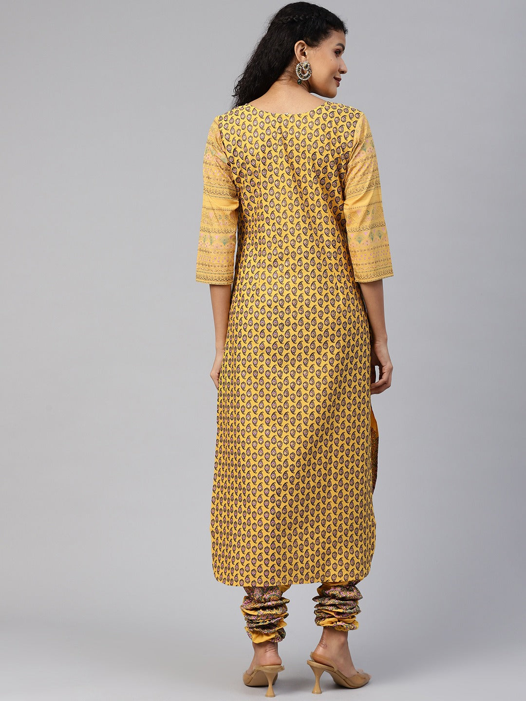 Mustard Yellow & Pink Paisley Print Kurta with Churidar