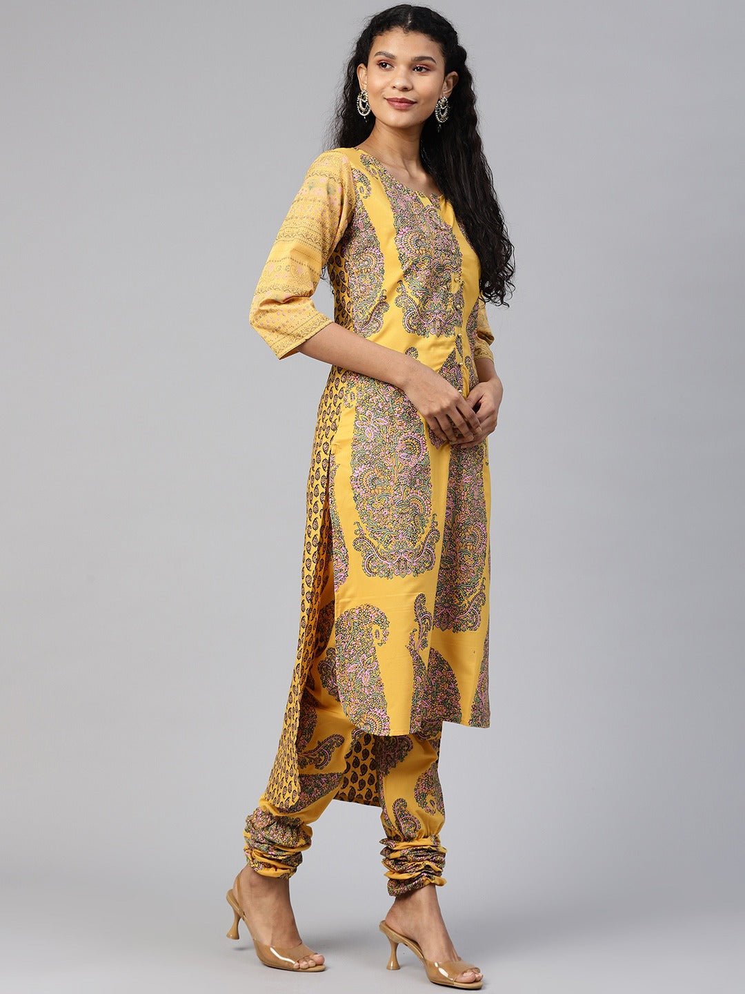 Mustard Yellow & Pink Paisley Print Kurta with Churidar