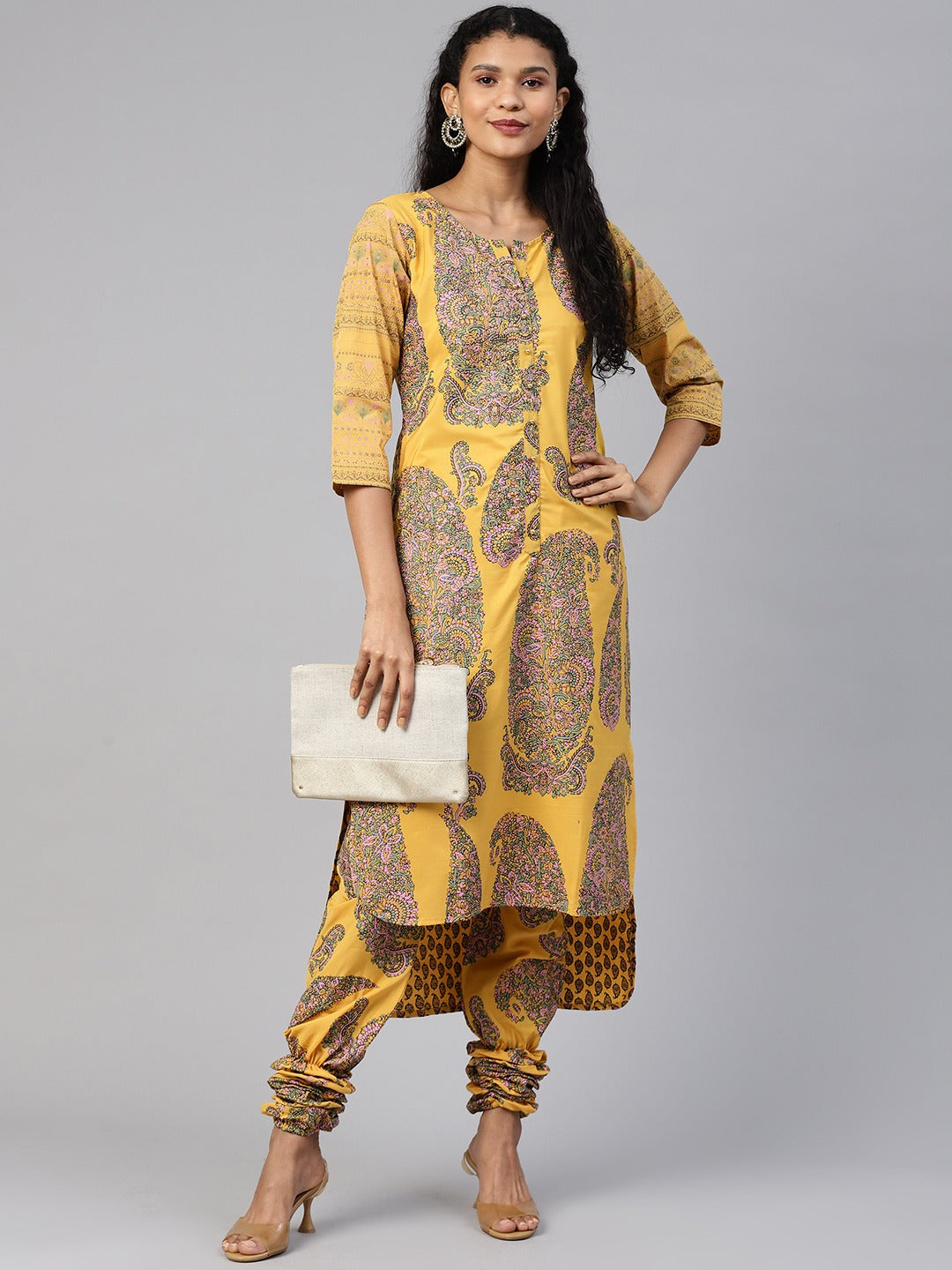 Mustard Yellow & Pink Paisley Print Kurta with Churidar