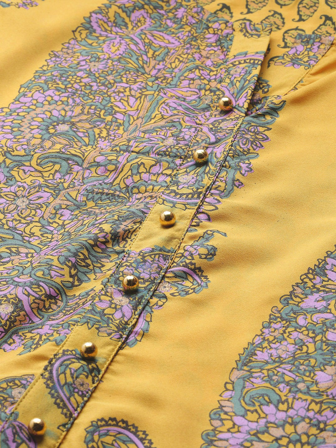 Mustard Yellow & Pink Paisley Print Kurta with Churidar