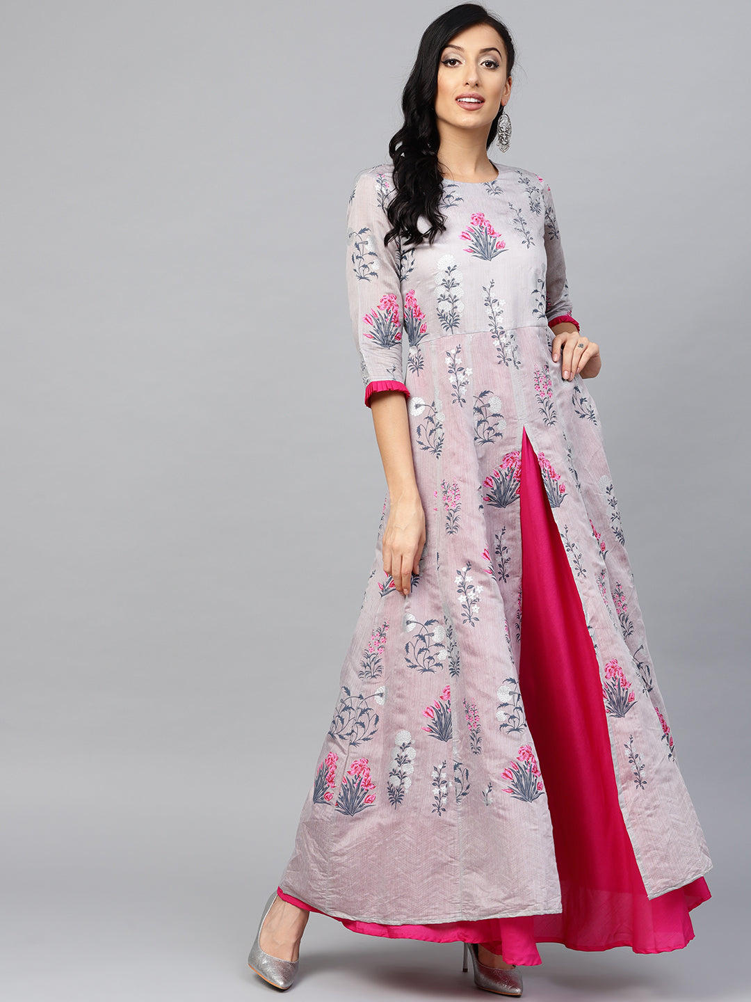 Grey & Pink Floral Printed Layered Maxi Dress