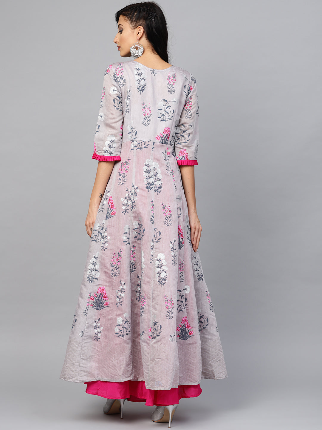 Grey & Pink Floral Printed Layered Maxi Dress