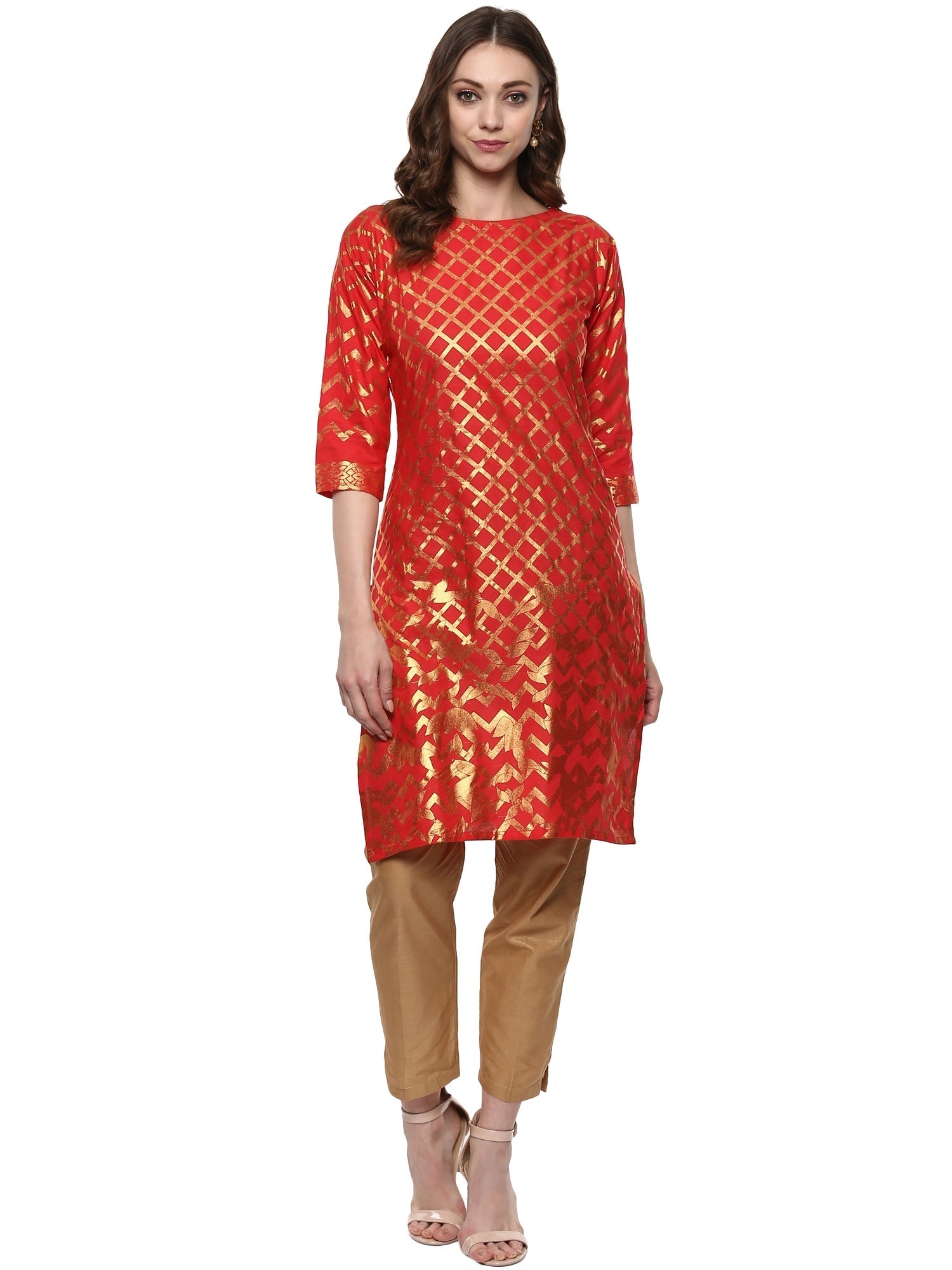 Fiery Red Cotton Blend Kurta with Metallic Gold Print