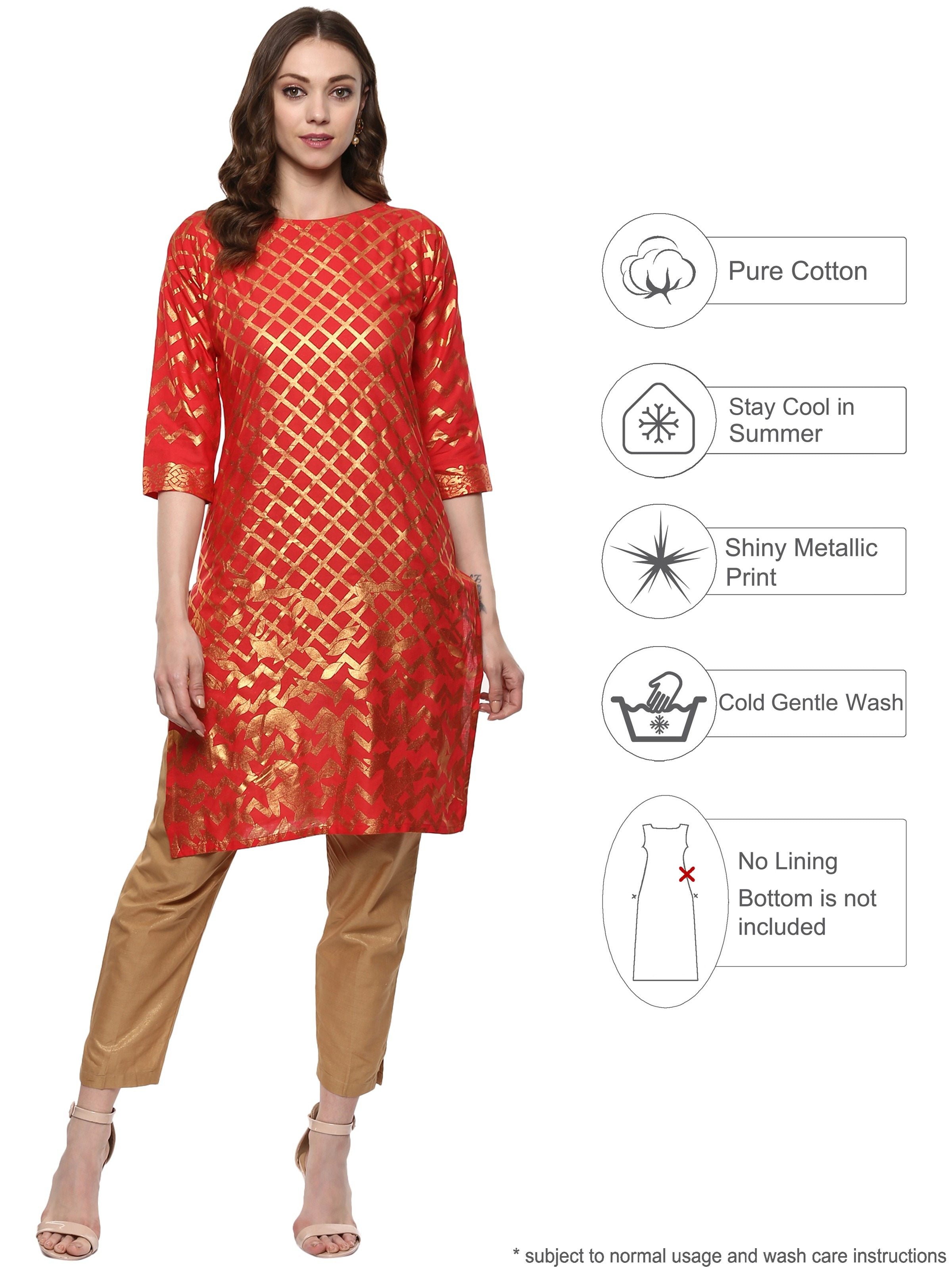 Fiery Red Cotton Blend Kurta with Metallic Gold Print